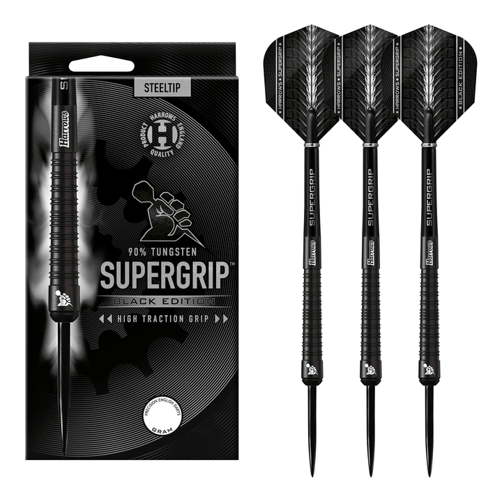 Harrows Supergrip Black - 90% Tungsten Steel Tip Darts 21 Grams Darts