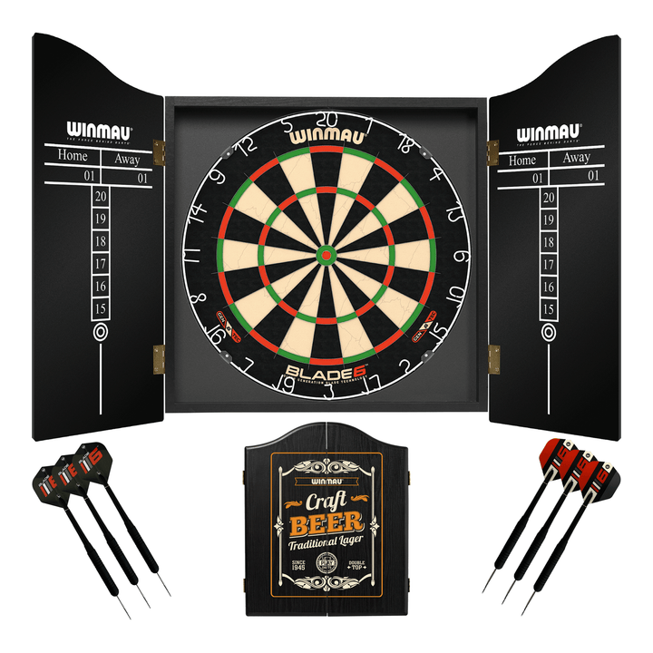 Winmau Blade 6 Dartboard, Cabinet & Darts - Complete Darts Set Blade 6 / Craft Beer Boards