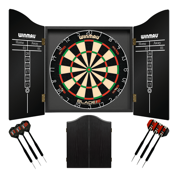 Winmau Blade 6 Dartboard, Cabinet & Darts - Complete Darts Set Blade 6 Dual Core / Black Boards