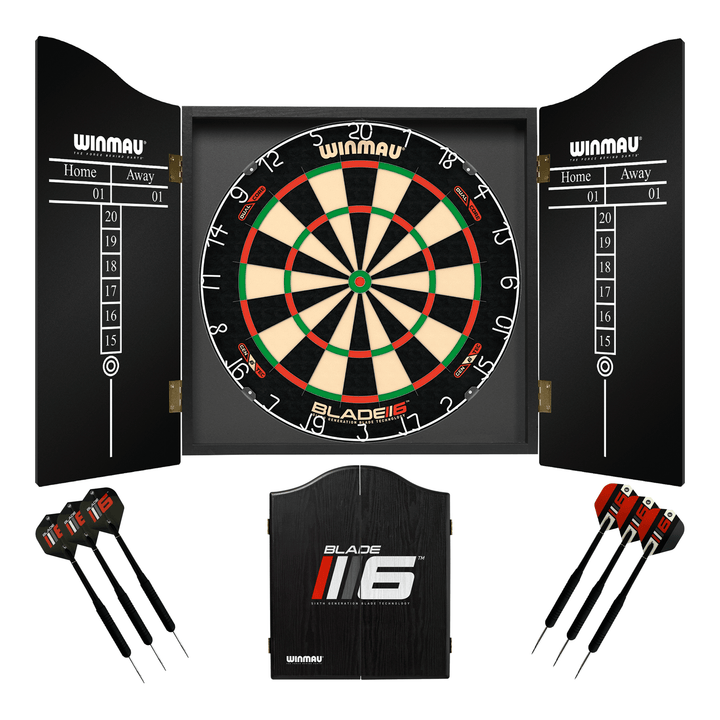 Winmau Blade 6 Dartboard, Cabinet & Darts - Complete Darts Set Blade 6 Dual Core / Blade 6 Boards