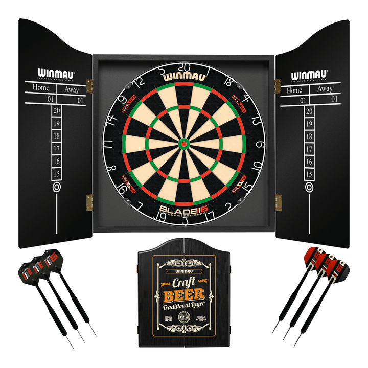 Winmau Blade 6 Dartboard, Cabinet & Darts - Complete Darts Set Blade 6 Dual Core / Craft Beer Boards