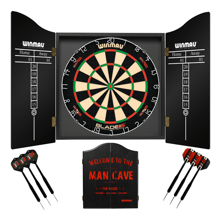 Winmau Blade 6 Dartboard, Cabinet & Darts - Complete Darts Set Blade 6 Dual Core / Man Cave Boards