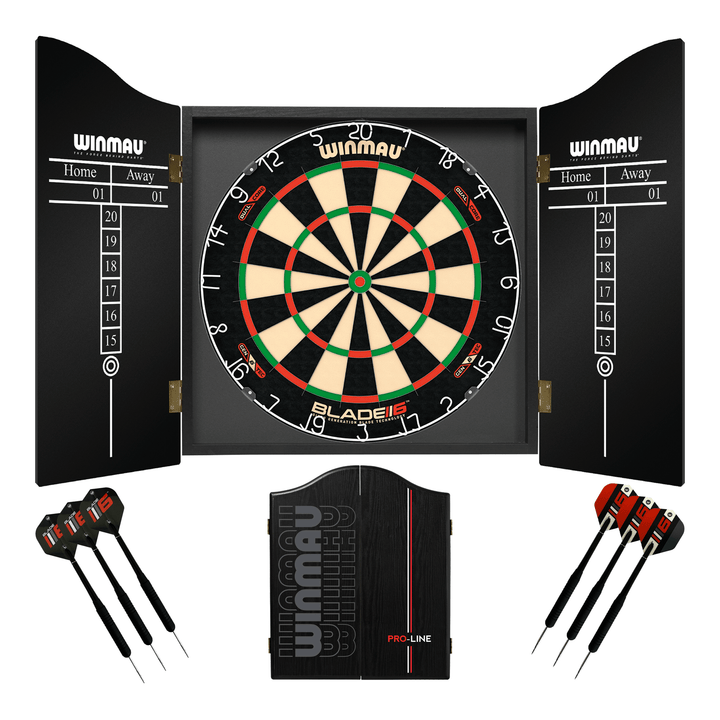 Winmau Blade 6 Dartboard, Cabinet & Darts - Complete Darts Set Blade 6 Dual Core / Pro-Line Boards