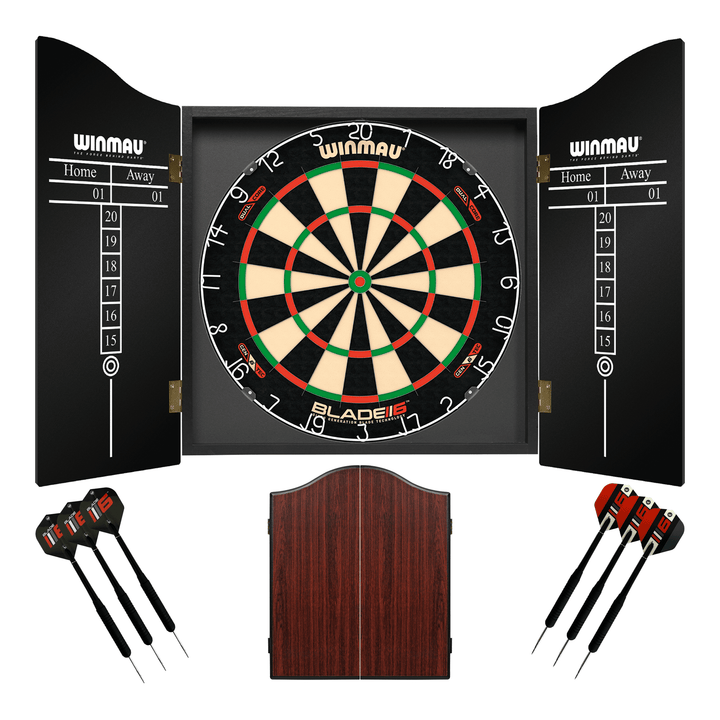 Winmau Blade 6 Dartboard, Cabinet & Darts - Complete Darts Set Blade 6 Dual Core / Rosewood Boards