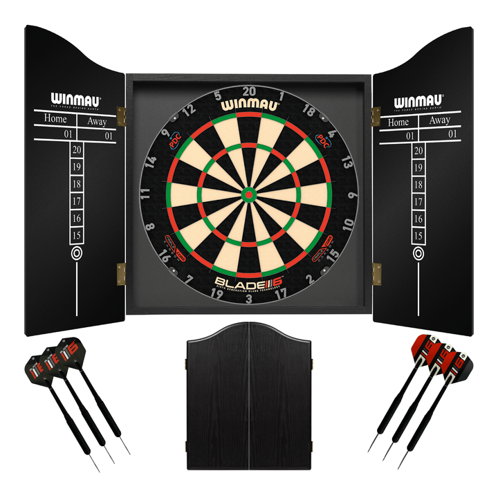 Winmau Blade 6 Dartboard, Cabinet & Darts - Complete Darts Set Blade 6 Triple Core / Black Boards