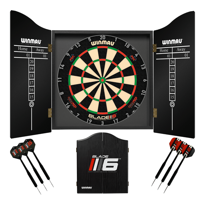 Winmau Blade 6 Dartboard, Cabinet & Darts - Complete Darts Set Blade 6 Triple Core / Blade 6 Boards