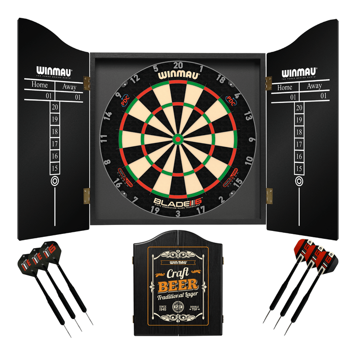 Winmau Blade 6 Dartboard, Cabinet & Darts - Complete Darts Set Blade 6 Triple Core / Craft Beer Boards