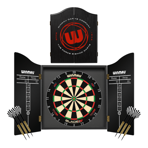 Winmau Blade 6 Dartboard, Cabinet & Darts - Complete Darts Set Blade 6 Triple Core / Logo Boards
