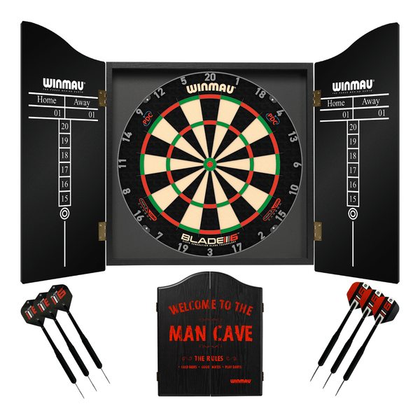 Winmau Blade 6 Dartboard, Cabinet & Darts - Complete Darts Set Blade 6 Triple Core / Man Cave Boards