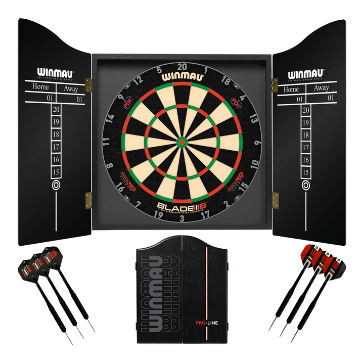 Winmau Blade 6 Dartboard, Cabinet & Darts - Complete Darts Set Blade 6 Triple Core / Pro-Line Boards