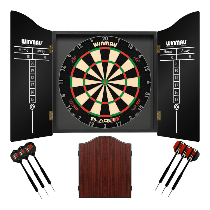 Winmau Blade 6 Dartboard, Cabinet & Darts - Complete Darts Set Blade 6 Triple Core / Rosewood Boards