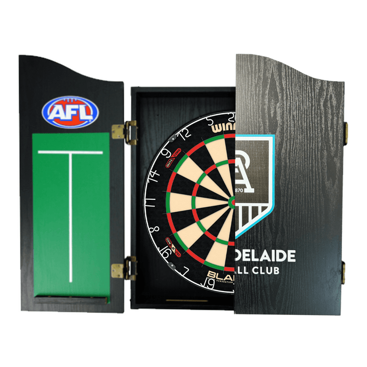 Winmau Blade 6 Dartboard, Official AFL Cabinet & Darts - Complete Darts Set Blade 6 Dual Core / Port Adelaide Power Boards