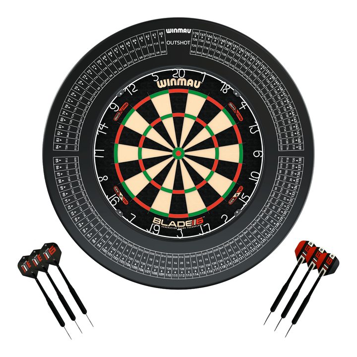 Winmau Blade 6 Dartboard, Surround & Darts - Complete Darts Set Blade 6 Dual Core / Out Shot Boards