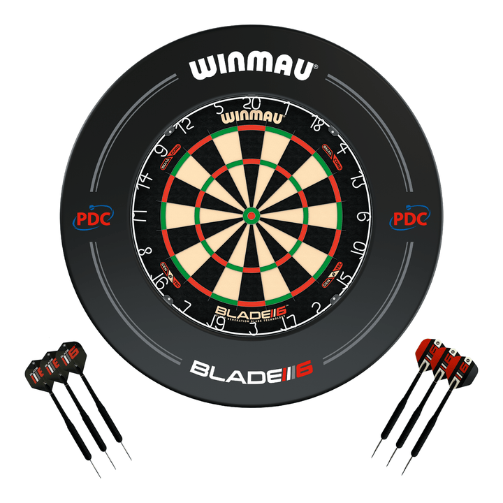 Winmau Blade 6 Dartboard, Surround & Darts - Complete Darts Set Blade 6 Dual Core / PDC Black Boards