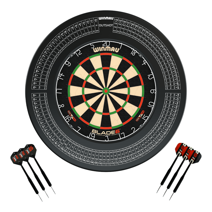 Winmau Blade 6 Dartboard, Surround & Darts - Complete Darts Set Blade 6 / Out Shot Boards