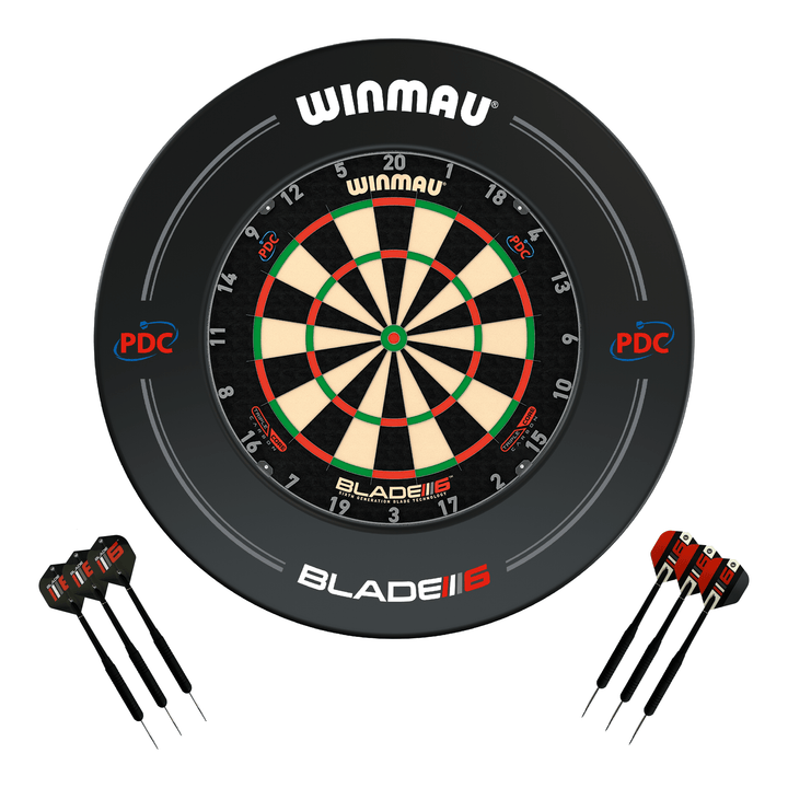 Winmau Blade 6 Dartboard, Surround & Darts - Complete Darts Set Blade 6 Triple Core / PDC Black Boards