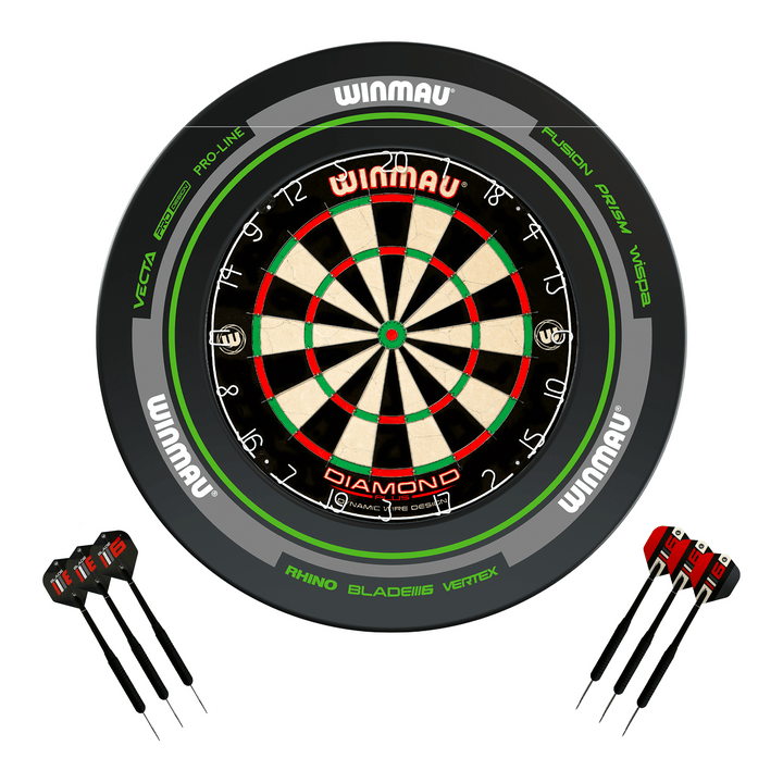 Winmau Diamond Plus Dartboard, Surround & Darts - Complete Darts Set Diamond Plus / Advance Black/Green Boards