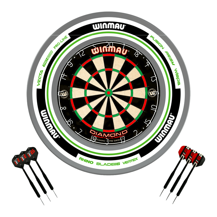 Winmau Diamond Plus Dartboard, Surround & Darts - Complete Darts Set Diamond Plus / Advance White Green Boards