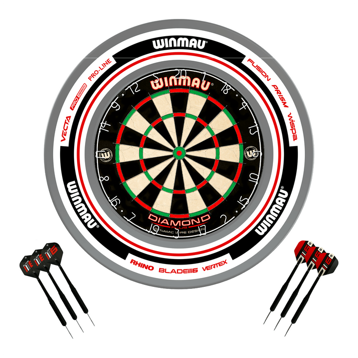 Winmau Diamond Plus Dartboard, Surround & Darts - Complete Darts Set Diamond Plus / Advance White/Red Boards