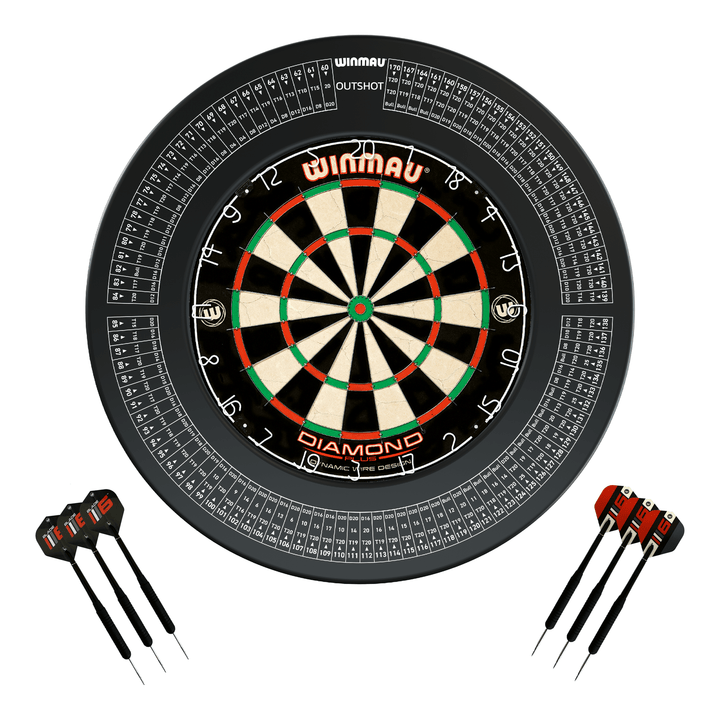 Winmau Diamond Plus Dartboard, Surround & Darts - Complete Darts Set Diamond Plus / Out Shot Boards