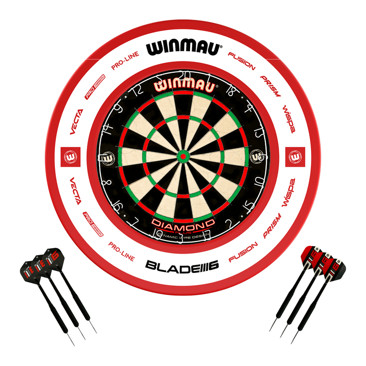 Winmau Diamond Plus Dartboard, Surround & Darts - Complete Darts Set Diamond Plus / Pro 2.0 Red Boards