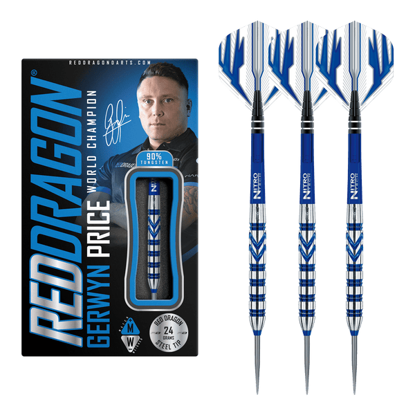 Red Dragon Gerwyn Price Blue Originals Steel Tip Darts - 90% Tungsten - 24 Grams Darts